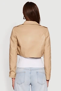 Womens Faux Leather Long Sleeve Cropped Moto Jacket, Beige, Size M