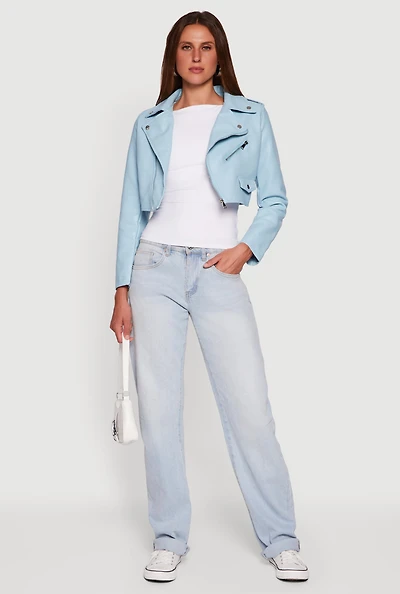 Womens Faux Leather Long Sleeve Cropped Moto Jacket,