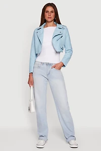 Womens Faux Leather Long Sleeve Cropped Moto Jacket,