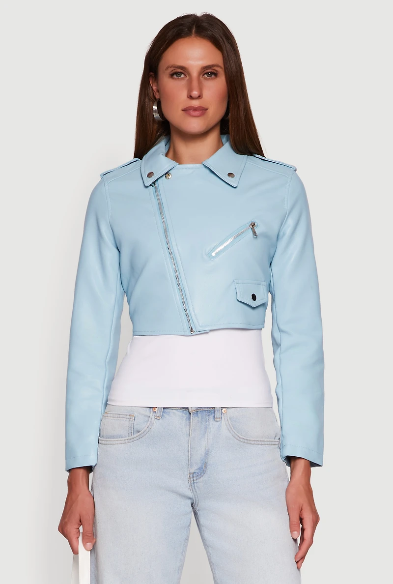 Womens Faux Leather Long Sleeve Cropped Moto Jacket,