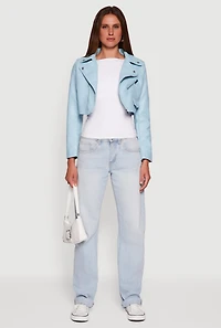 Womens Faux Leather Long Sleeve Cropped Moto Jacket,