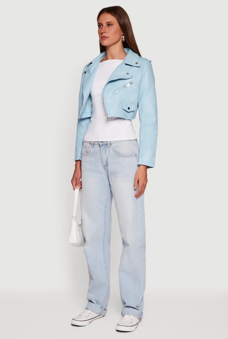 Womens Faux Leather Long Sleeve Cropped Moto Jacket,