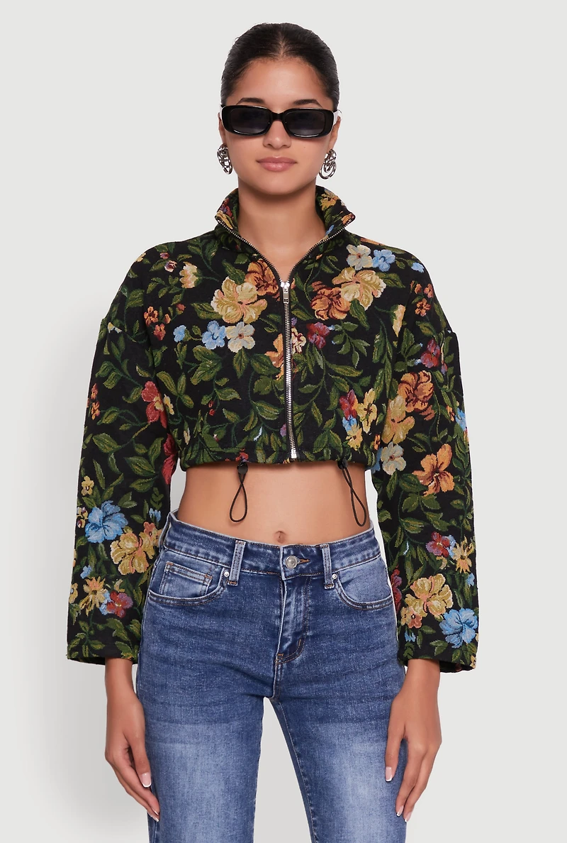Womens Daisy Patterned Jacquard Cropped Jacket, Multi,