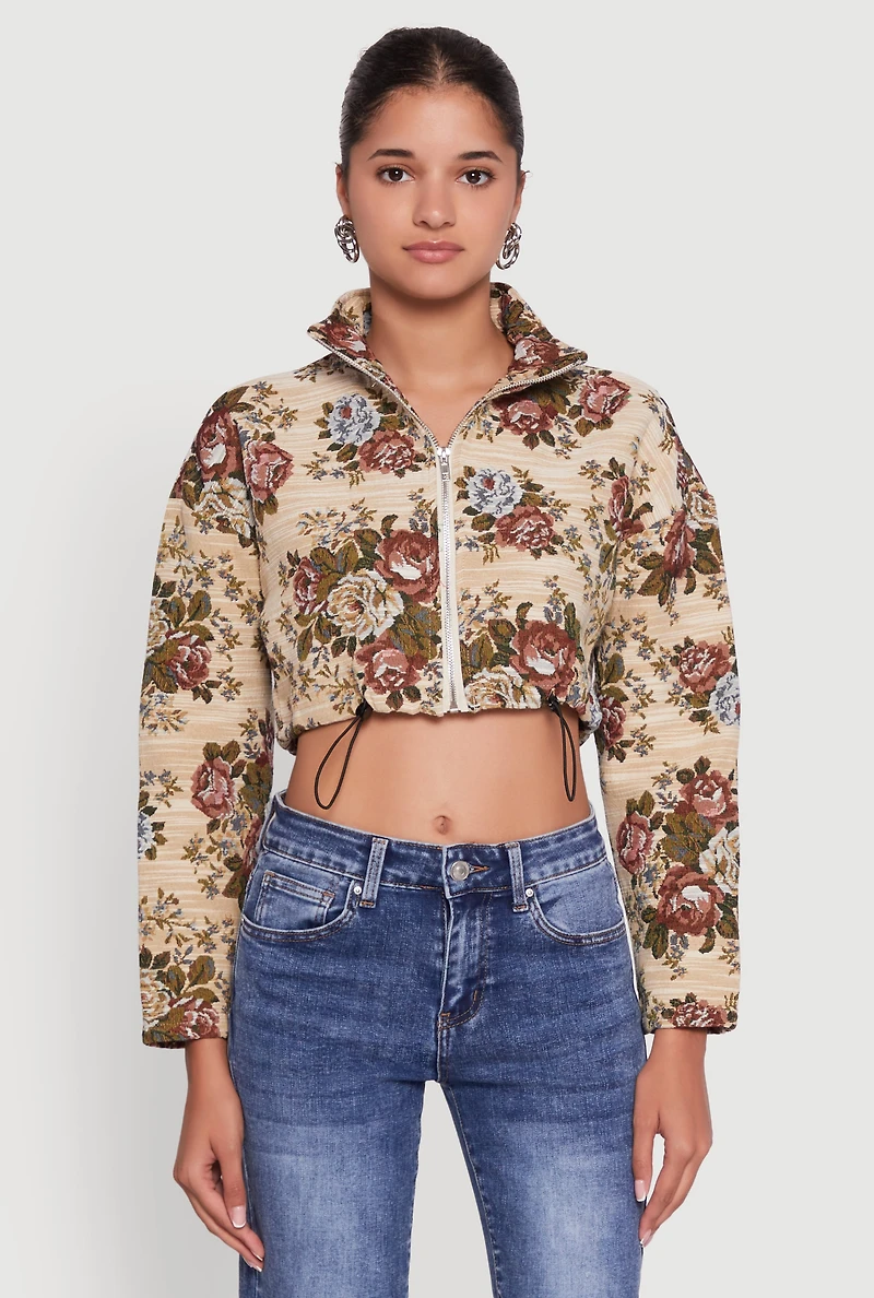 Womens Daisy Patterned Jacquard Cropped Jacket, Multi, Size M
