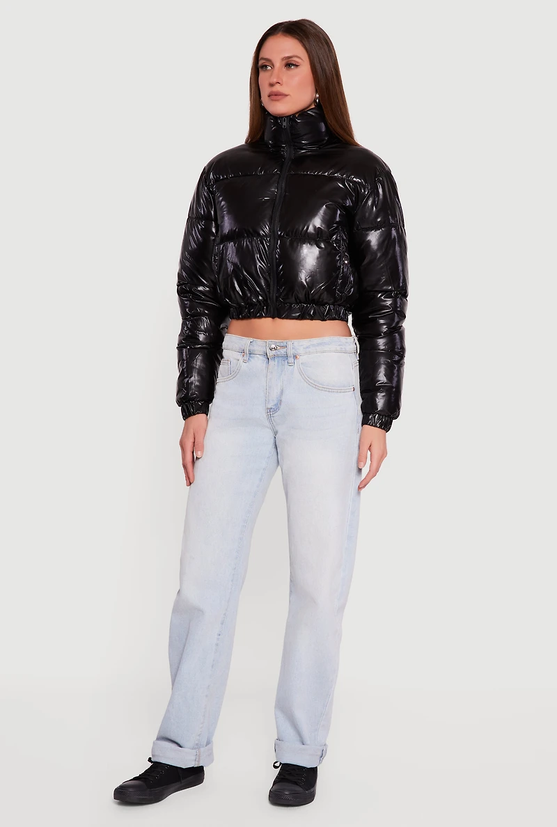 Zip Front Mock Neck Cropped Puffer Jacket