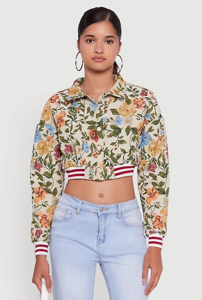Womens Floral Embroidered Jacquard Jacket with Varsity Stripes, Multi, Size M