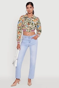 Womens Floral Embroidered Jacquard Jacket with Varsity Stripes, Multi,