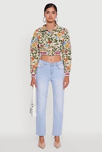 Womens Floral Embroidered Jacquard Jacket with Varsity Stripes, Multi,