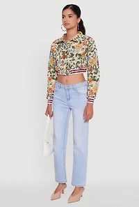 Womens Floral Embroidered Jacquard Jacket with Varsity Stripes, Multi,