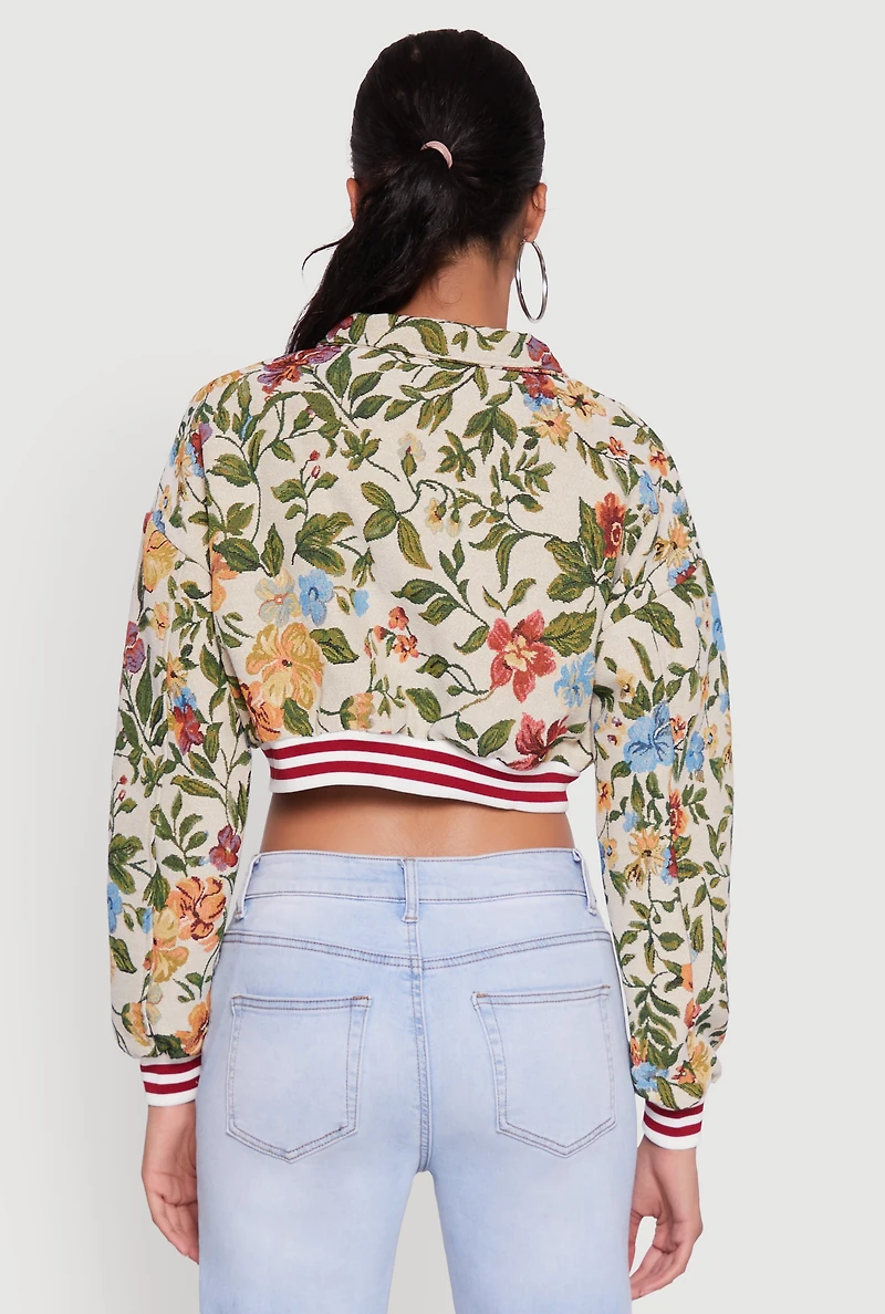 Womens Floral Embroidered Jacquard Jacket with Varsity Stripes, Multi,