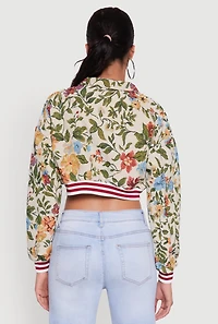 Womens Floral Embroidered Jacquard Jacket with Varsity Stripes, Multi,