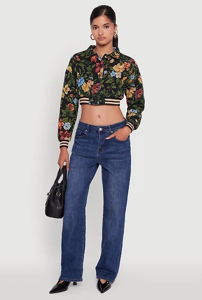 Womens Floral Jacquard Cropped Bomber Jacket, Multi, Size S