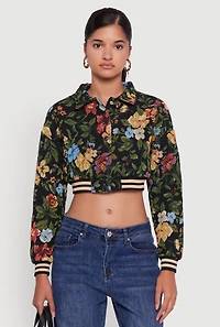 Womens Floral Jacquard Cropped Bomber Jacket, Multi, Size S
