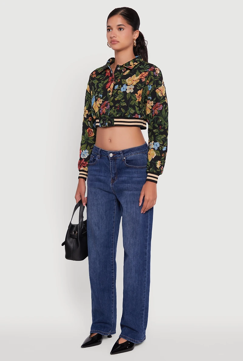 Womens Floral Jacquard Cropped Bomber Jacket, Multi, Size S