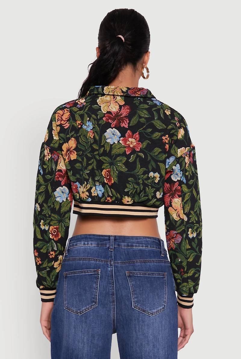 Womens Floral Jacquard Cropped Bomber Jacket, Multi, Size S