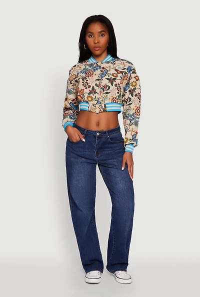 Womens Floral Jacquard Varsity Stripe Cropped Bomber Jacket, Multi, Size M