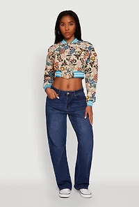 Womens Floral Jacquard Varsity Stripe Cropped Bomber Jacket, Beige, Size M