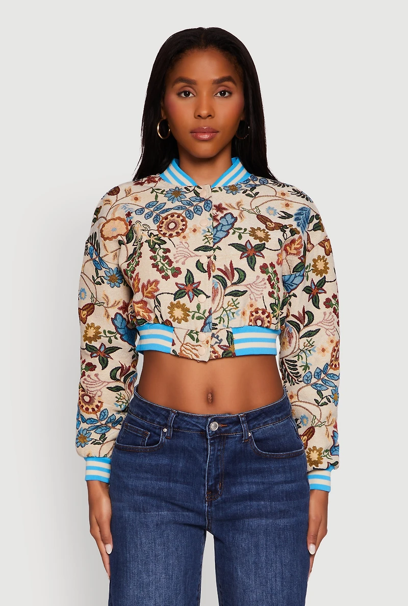 Womens Floral Jacquard Varsity Stripe Cropped Bomber Jacket, Beige, Size M
