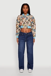 Womens Floral Jacquard Varsity Stripe Cropped Bomber Jacket, Multi, Size M