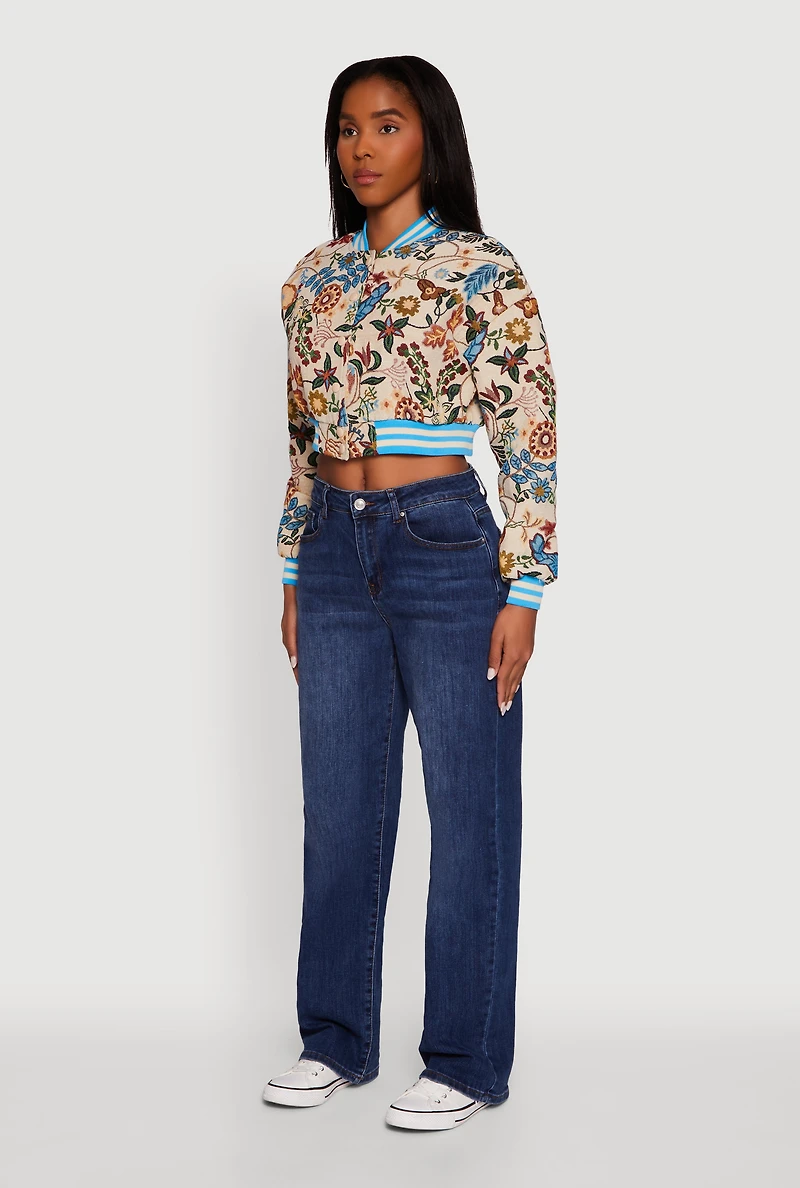Womens Floral Jacquard Varsity Stripe Cropped Bomber Jacket, Beige, Size M
