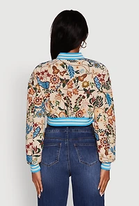Womens Floral Jacquard Varsity Stripe Cropped Bomber Jacket, Multi, Size M