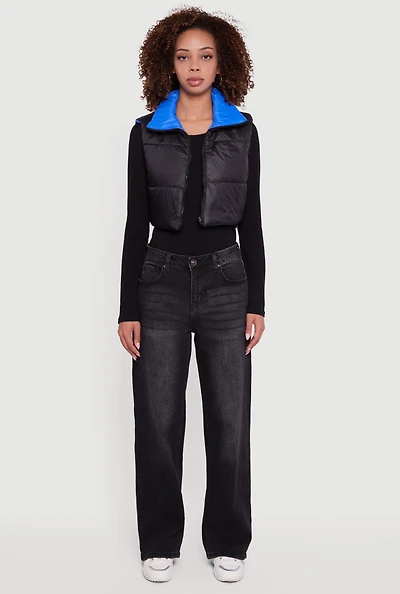 Womens Color Blocked Drawstring Hem Puffer Vest,