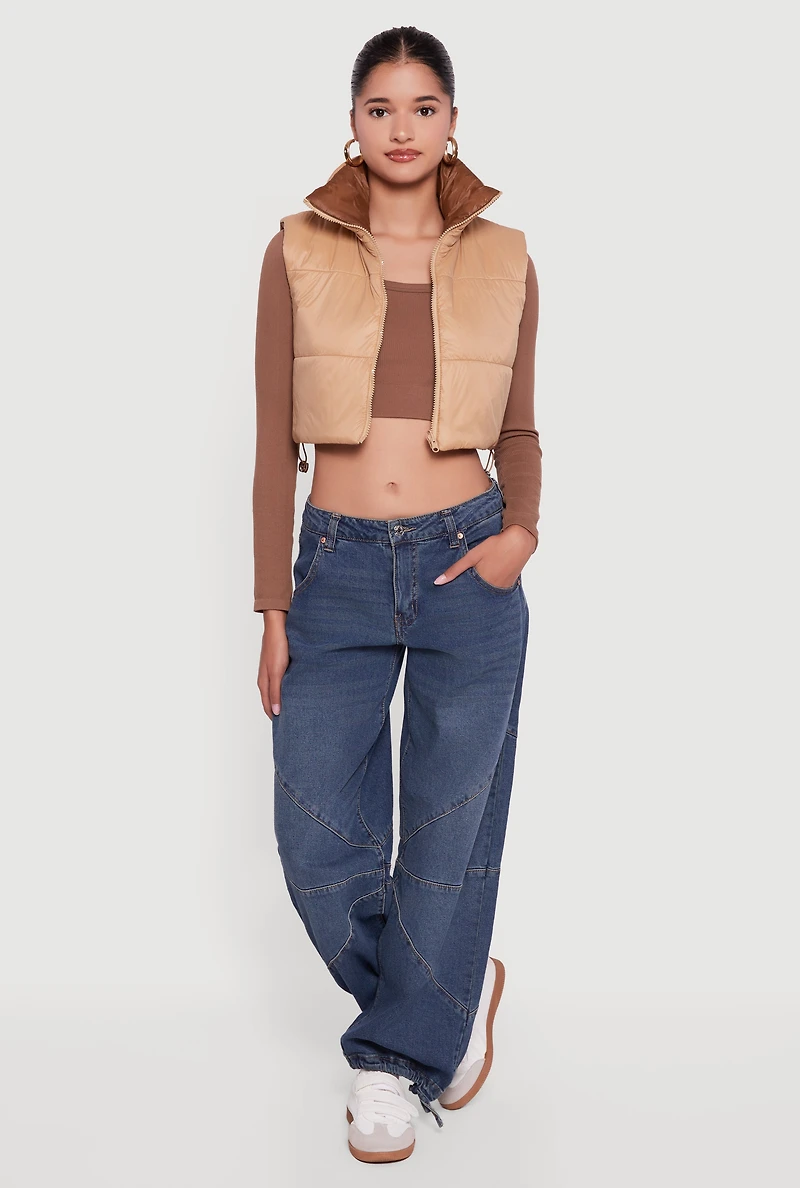 Womens Color Blocked Drawstring Hem Puffer Vest,