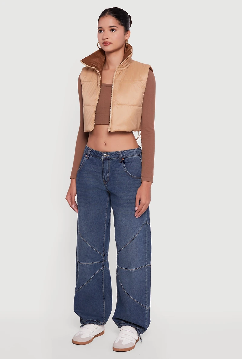 Womens Color Blocked Drawstring Hem Puffer Vest,