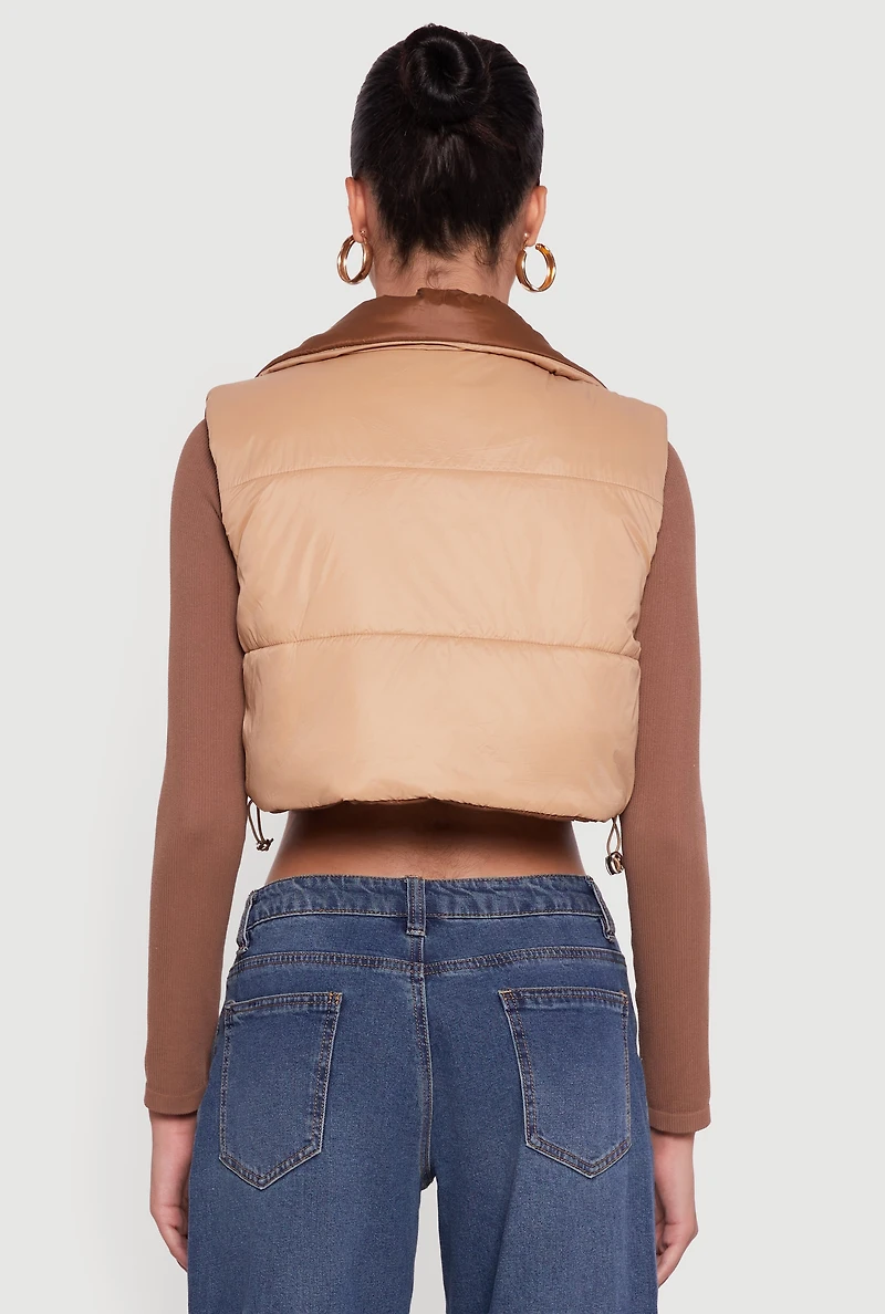Womens Color Blocked Drawstring Hem Puffer Vest,