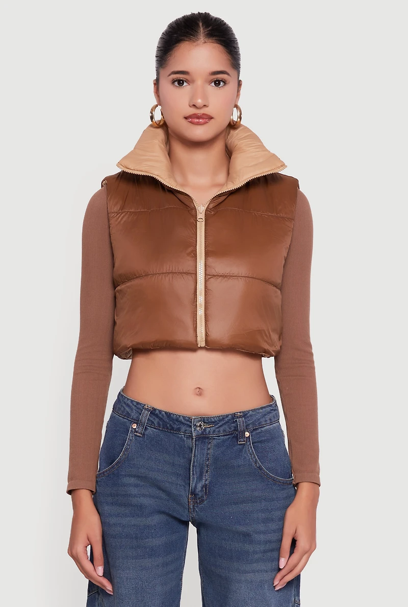 Womens Color Blocked Drawstring Hem Puffer Vest,
