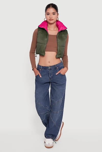 Womens Color Blocked Drawstring Hem Puffer Vest, Green, Size S