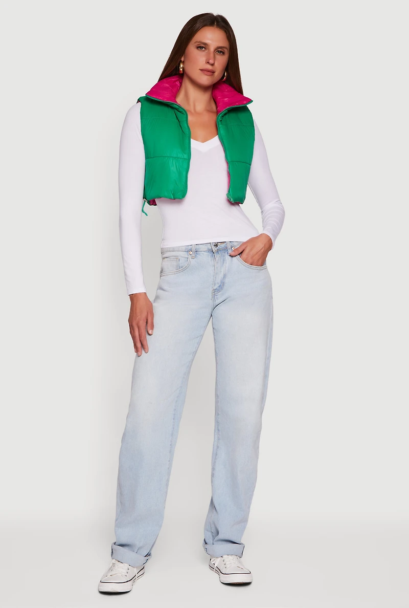 Womens Color Blocked Drawstring Hem Puffer Vest,