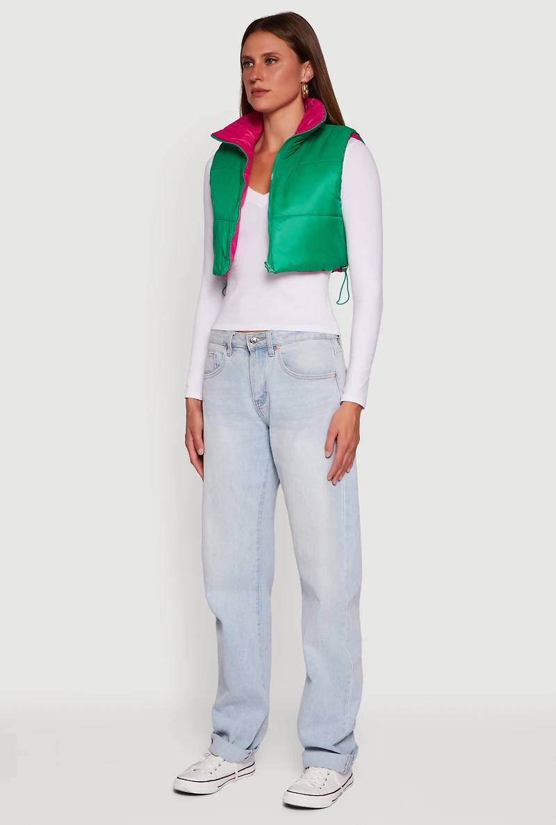 Womens Color Blocked Drawstring Hem Puffer Vest,