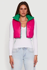 Womens Color Blocked Drawstring Hem Puffer Vest,