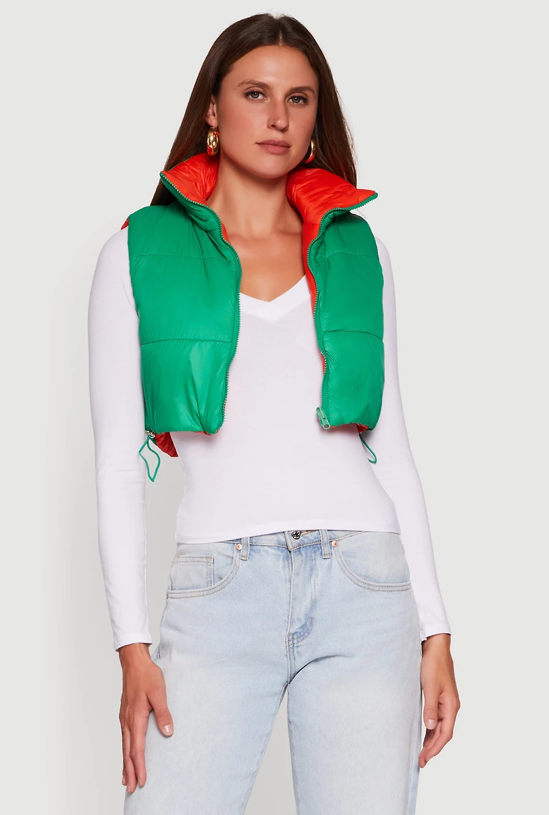 Womens Color Blocked Drawstring Hem Puffer Vest,