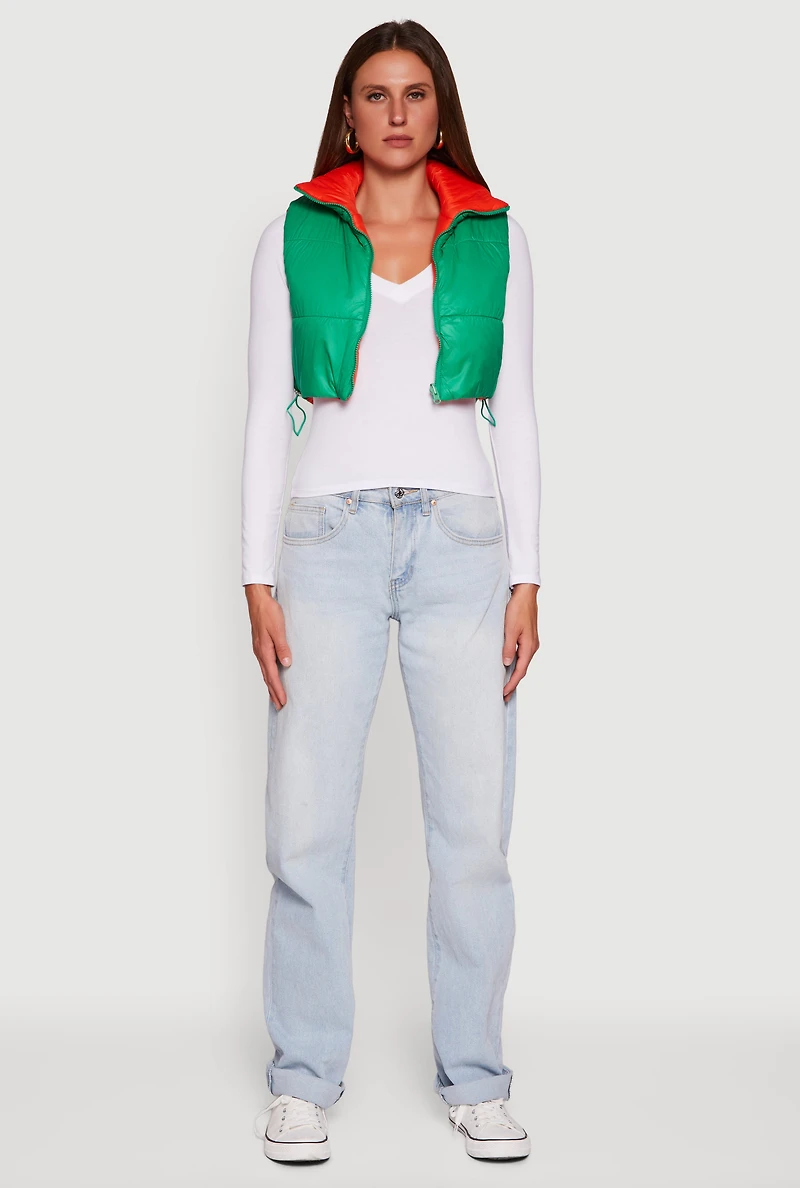 Womens Color Blocked Drawstring Hem Puffer Vest,