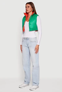 Womens Color Blocked Drawstring Hem Puffer Vest,