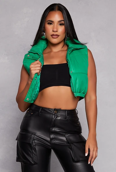 Womens Daisy Snap Button Zip Front Cropped Puffer Vest, Green, Size S