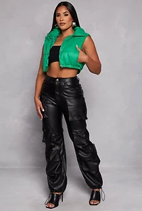 Womens Daisy Snap Button Zip Front Cropped Puffer Vest, Green, Size S