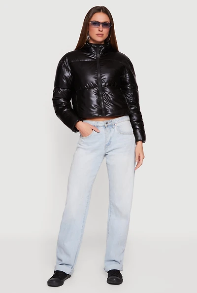 Hooded Shine Puffer Jacket with Zip Pockets