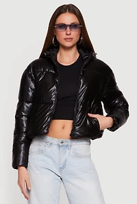 Hooded Shine Puffer Jacket with Zip Pockets