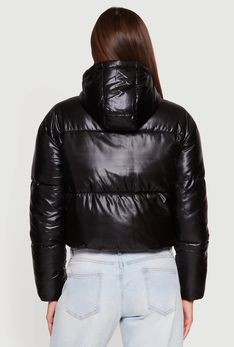 Hooded Shine Puffer Jacket with Zip Pockets