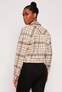 Womens Cropped Plaid Shacket, Beige, Size S