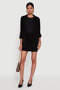 Tabbed Roll Cuff Sleeve Crepe Knit Blazer