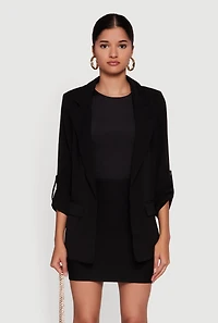Tabbed Roll Cuff Sleeve Crepe Knit Blazer