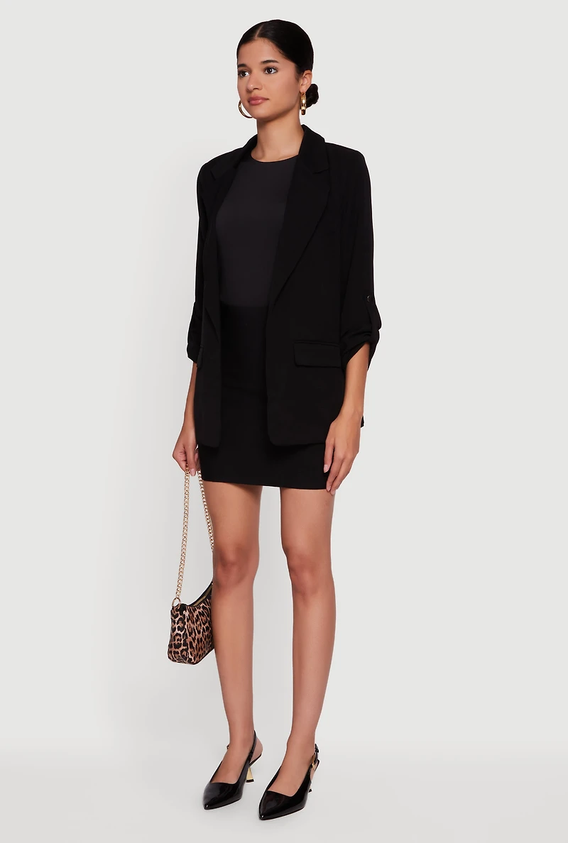 Tabbed Roll Cuff Sleeve Crepe Knit Blazer