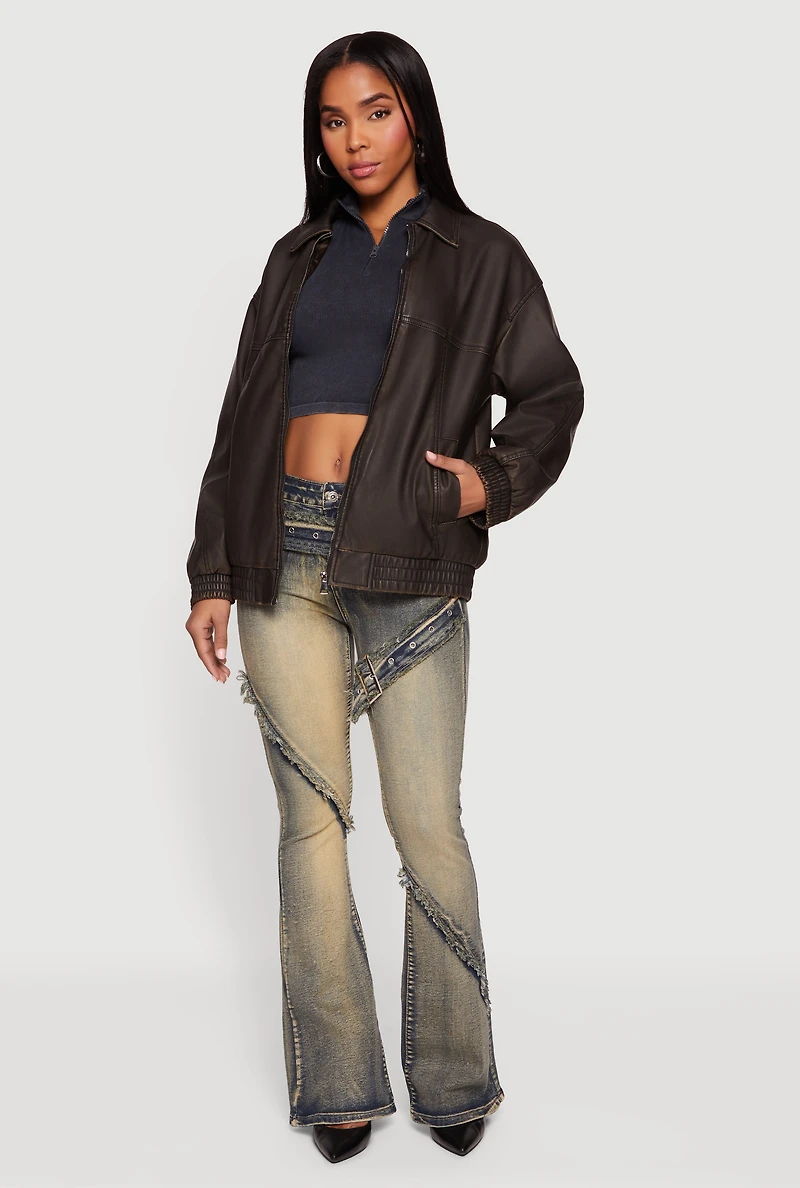Faux Leather Long Sleeve Zip Front Bomber Jacket
