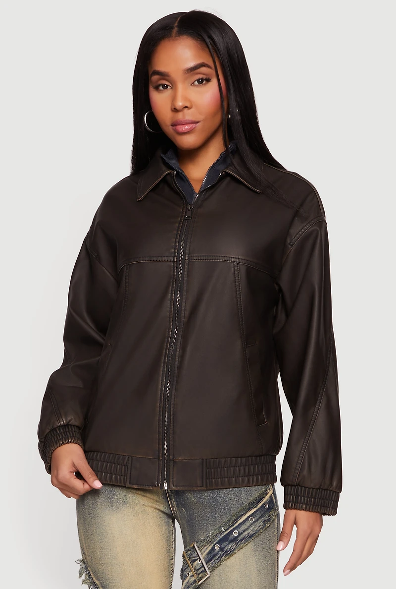 Faux Leather Long Sleeve Zip Front Bomber Jacket