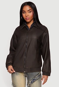 Faux Leather Long Sleeve Zip Front Bomber Jacket