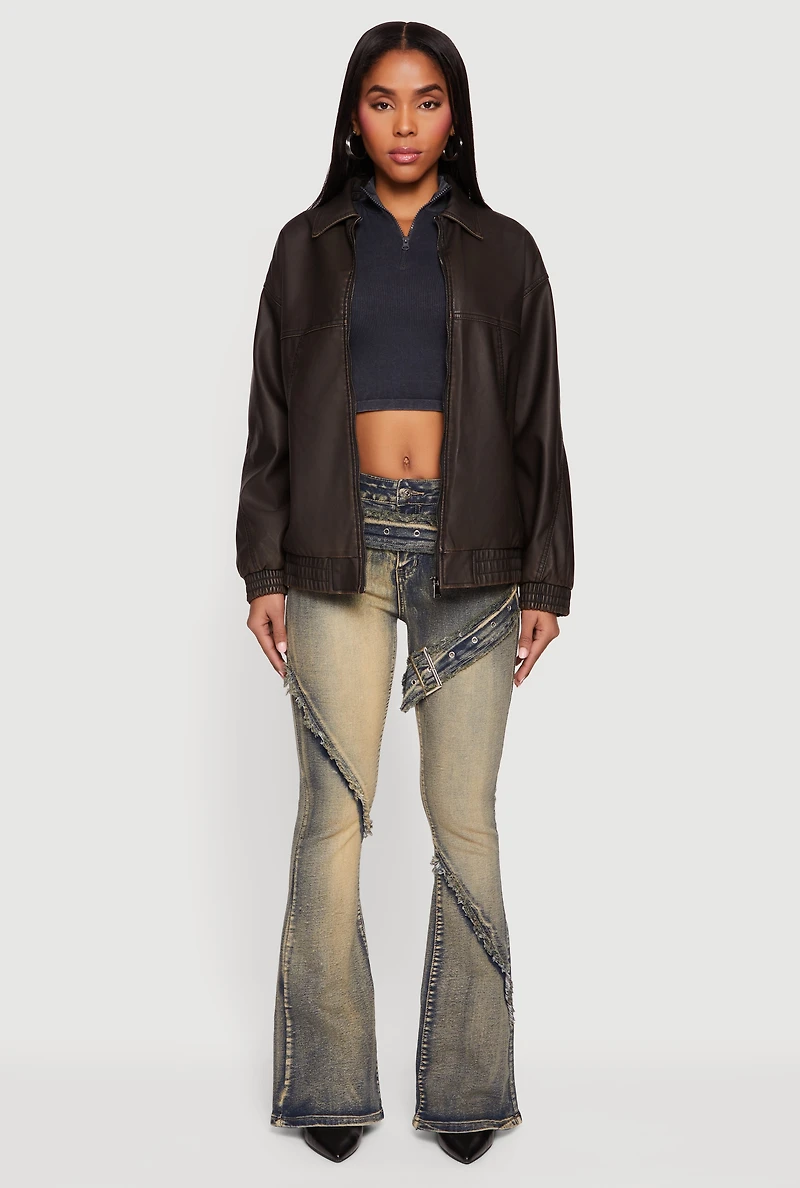 Faux Leather Long Sleeve Zip Front Bomber Jacket